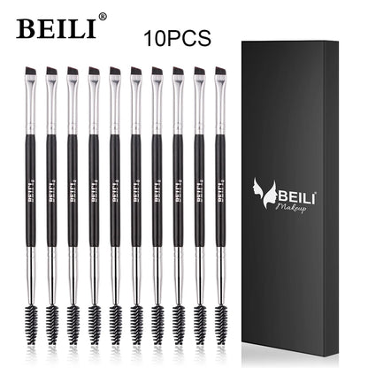 BEILI 10 pcs Black Professional Double Headed Eyebrow Eyelash Makeup Brushes Thin Hair Wholesale Angled Eyebrow Make Up Brush