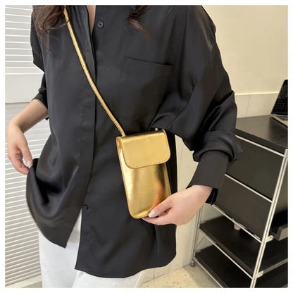 Fashion Versatile Metallic Glossy Shoulder Crossbody for Women Silver Gold PU Mini Bag Portable Lipstick Bag Mobile Phone Bag