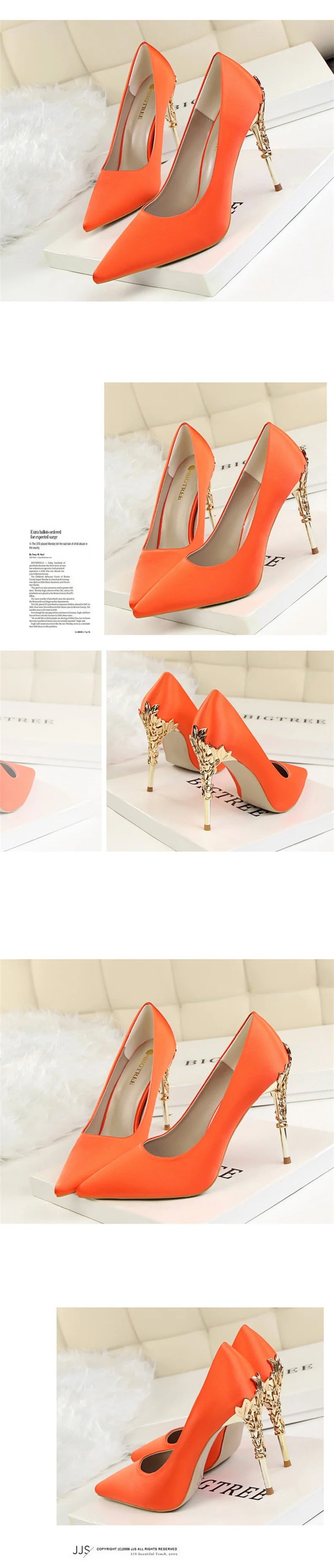 Woman Metal Heels Satin Silk Dress Fashion Pumps Lady Wedding Bridal Catwalk Orange Green Wine Red Pointed Tip Shoes 9219-2