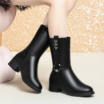 Mid-tube Women's Winter Warm Ankle Boots Soft Leather Thick-heeled New Mother Round Toe Fashion Elegant Cotton Boots