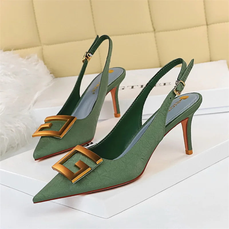 Metal Square Buckle Thin Heel Party Shoes Black Green White Woman Pointed Toe Hollow Back Strap Pumps Middle Heel Sandals