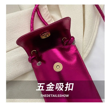 Fashion Versatile Metallic Glossy Shoulder Crossbody for Women Silver Gold PU Mini Bag Portable Lipstick Bag Mobile Phone Bag