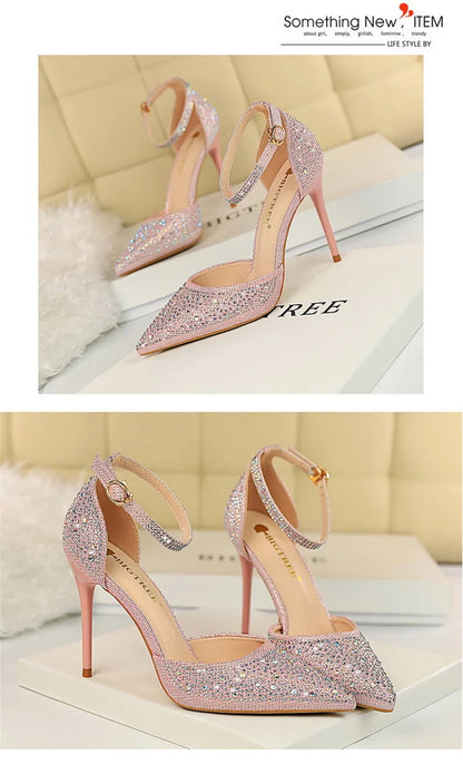 Korean Version Shiny Rhinestones High Heels Shoes Women Pumps Stiletto Sweet Heels Hollow Wedding Sandals 10 Cm Nightclub 283-16