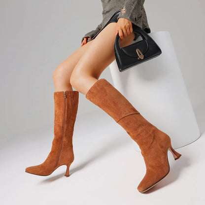 Knee High Boots Women Square Toe Kitten High Heel Tall Boots Fashion Side Zipper Stiletto Heel Long Boots