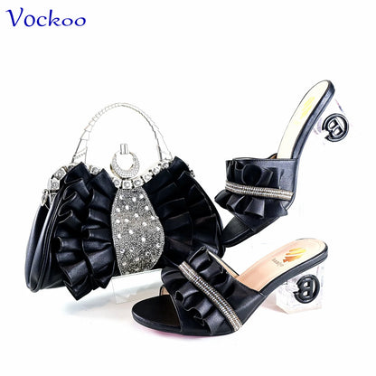 2024 Square Heels New Design Peep Toe Italian Wedding Shoes and Bag Set in Red Color Fashion African Slipper For Party