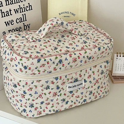 Cotton Makeup Bag for Women Large Quilted Travel Cosmetic Pouch Girls' Make Up Organizer