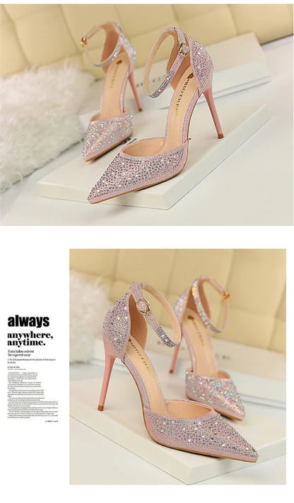 Korean Version Shiny Rhinestones High Heels Shoes Women Pumps Stiletto Sweet Heels Hollow Wedding Sandals 10 Cm Nightclub 283-16