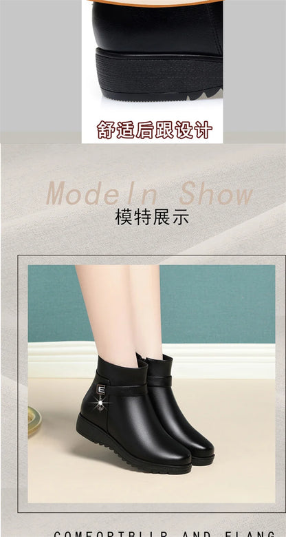 Autumn Winter Mum Warm Cotton Soft Shoes Women  Fleece Side Zip Thick Bottom Short Boots Leisure Round Head Flats Boots