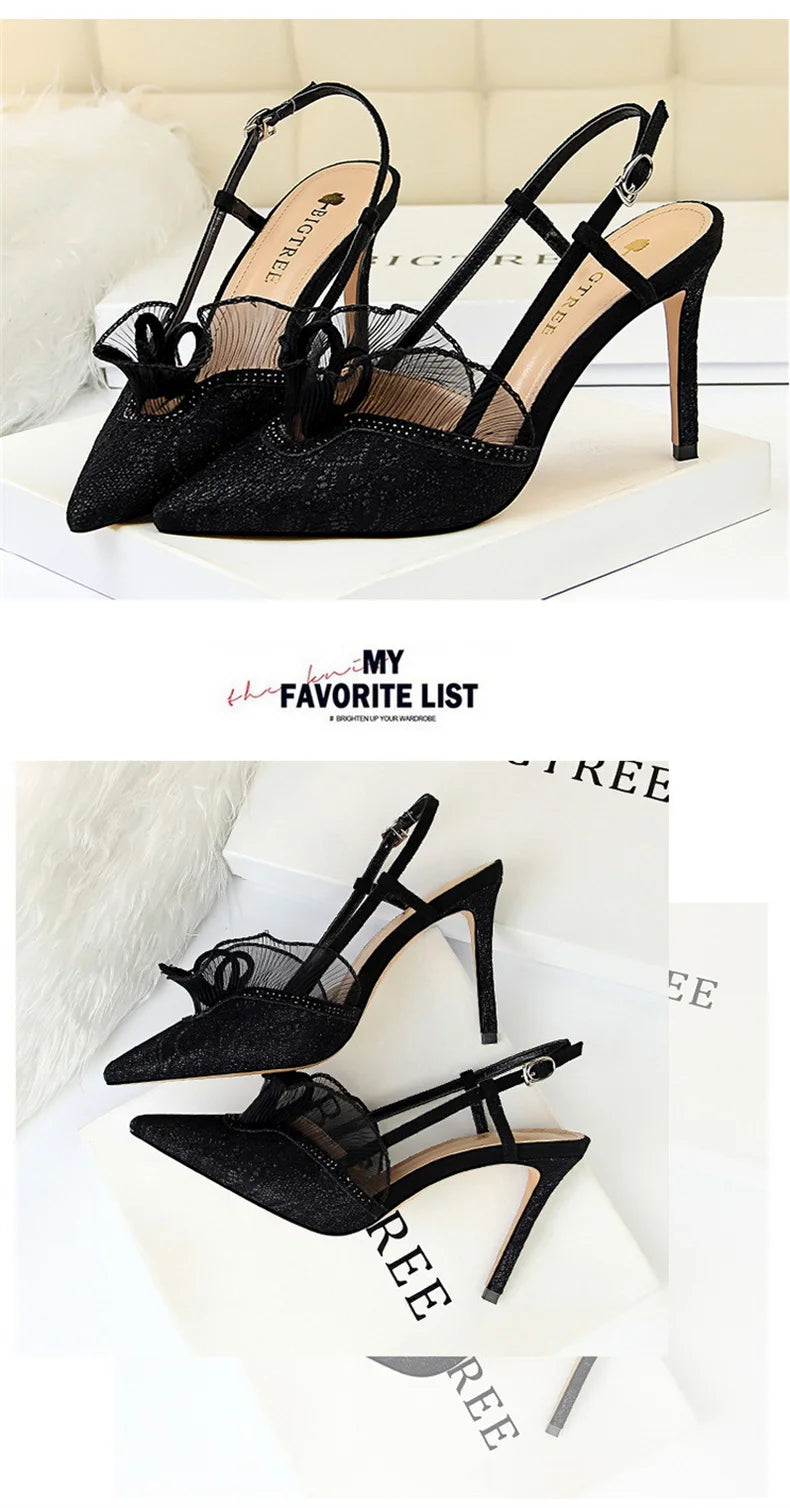 Fashion Women Sandals Mesh Rhinestone Lace Hollow Kitten Pumps Stilettos Summer 313-5Thin High Heel Single Shoes Grace Slippers