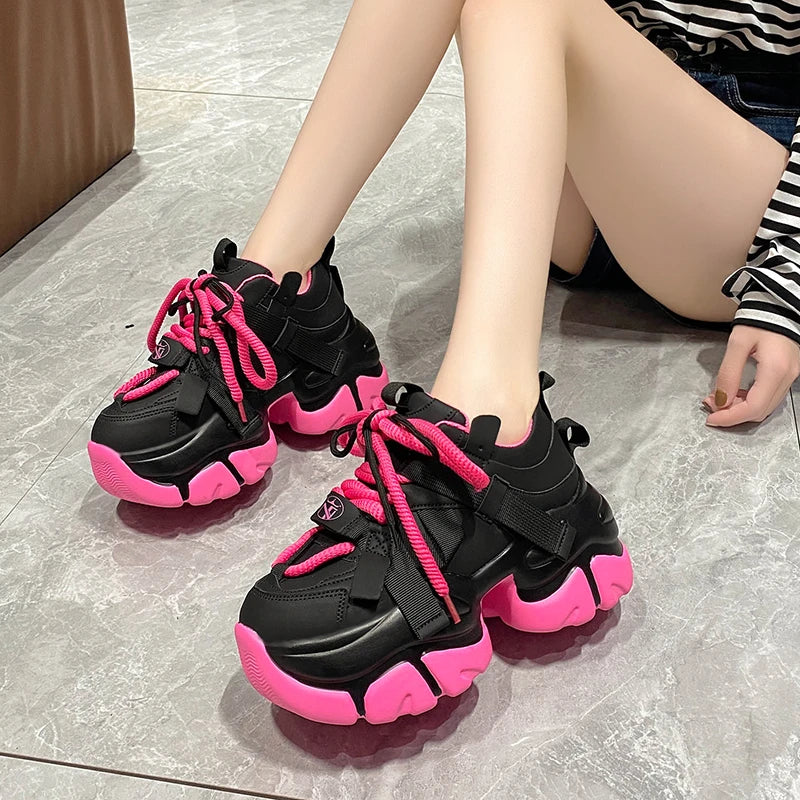 Fashion Chunky Sneakers Women Autumn Lace Up Platform Sports Shoes 7.5CM Thick Bottom High Heels Female Leather Sneakers Woman