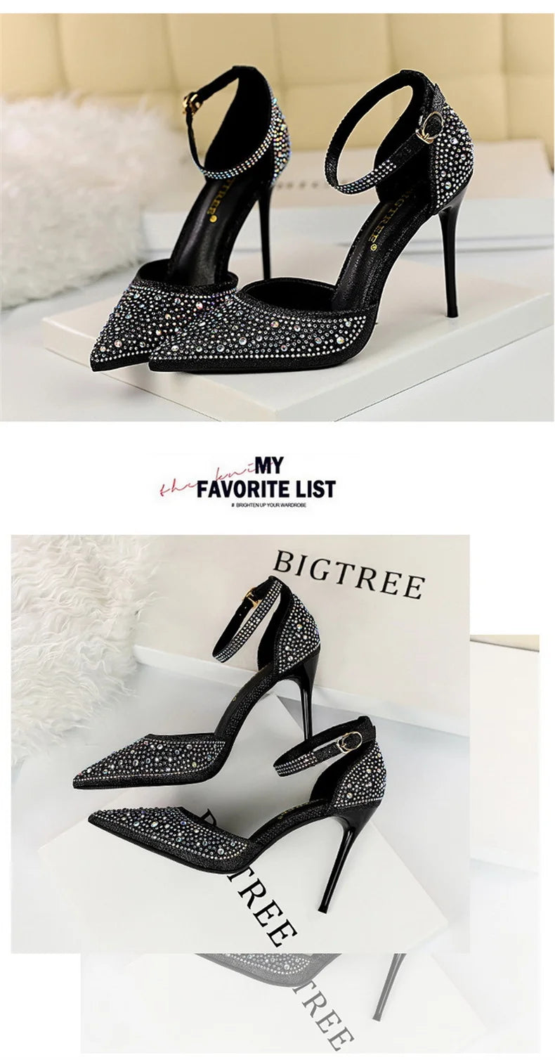 Korean Version Shiny Rhinestones High Heels Shoes Women Pumps Stiletto Sweet Heels Hollow Wedding Sandals 10 Cm Nightclub 283-16