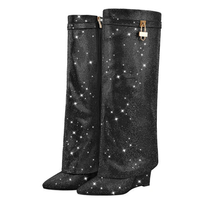 Onlymaker Women Rhinestones Knee High Boots Sexy Party Dress Wedding Shark Lock Bling Buckle Pointed Toe Boots