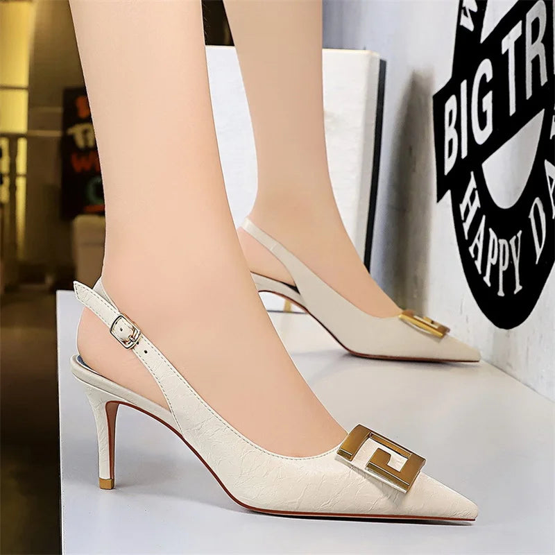 Metal Square Buckle Thin Heel Party Shoes Black Green White Woman Pointed Toe Hollow Back Strap Pumps Middle Heel Sandals