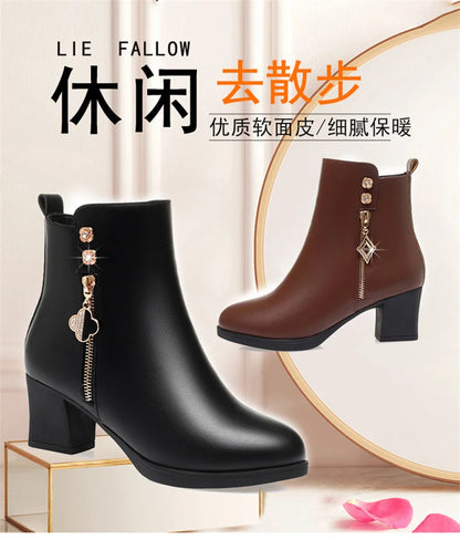 Women Leather Boots Genuine Leather Plush Boots Winter Warm Thick Heel Brand High-heeled Fashion Snow Boots Women Short Boots