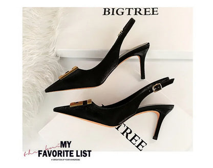 Metal Square Buckle Thin Heel Party Shoes Black Green White Woman Pointed Toe Hollow Back Strap Pumps Middle Heel Sandals