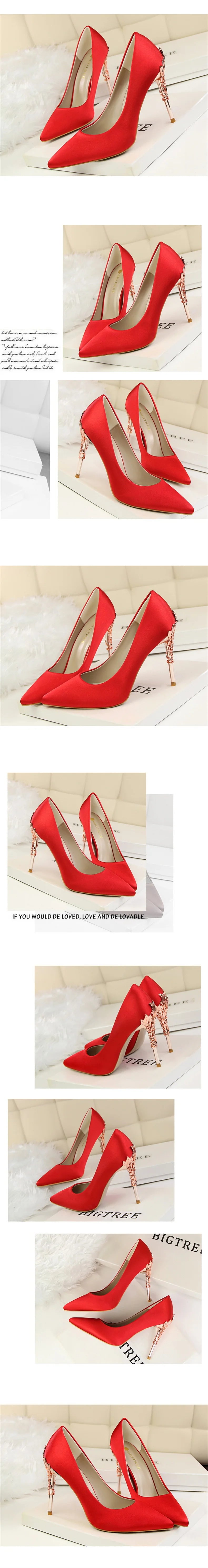 Woman Metal Heels Satin Silk Dress Fashion Pumps Lady Wedding Bridal Catwalk Orange Green Wine Red Pointed Tip Shoes 9219-2