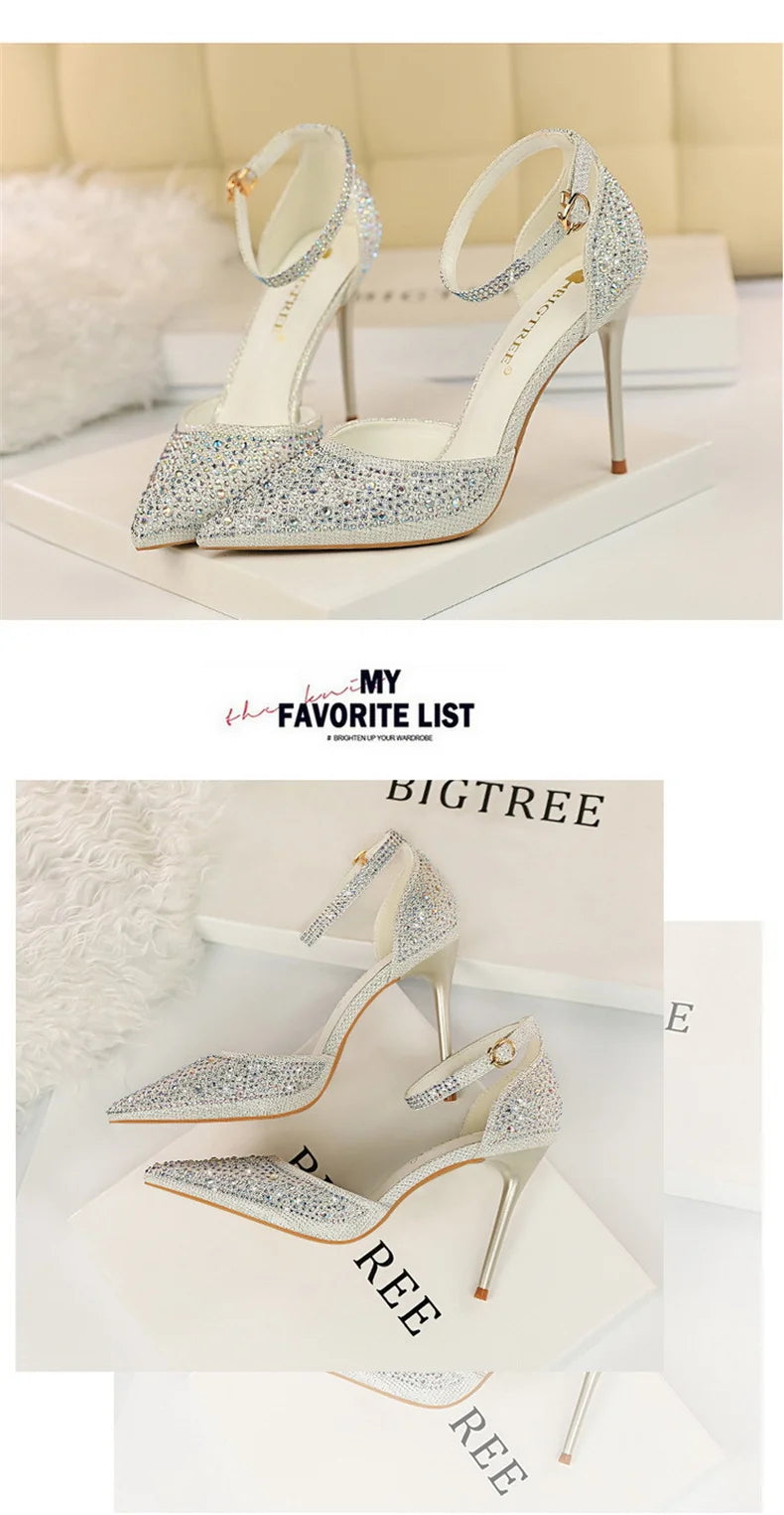 Korean Version Shiny Rhinestones High Heels Shoes Women Pumps Stiletto Sweet Heels Hollow Wedding Sandals 10 Cm Nightclub 283-16