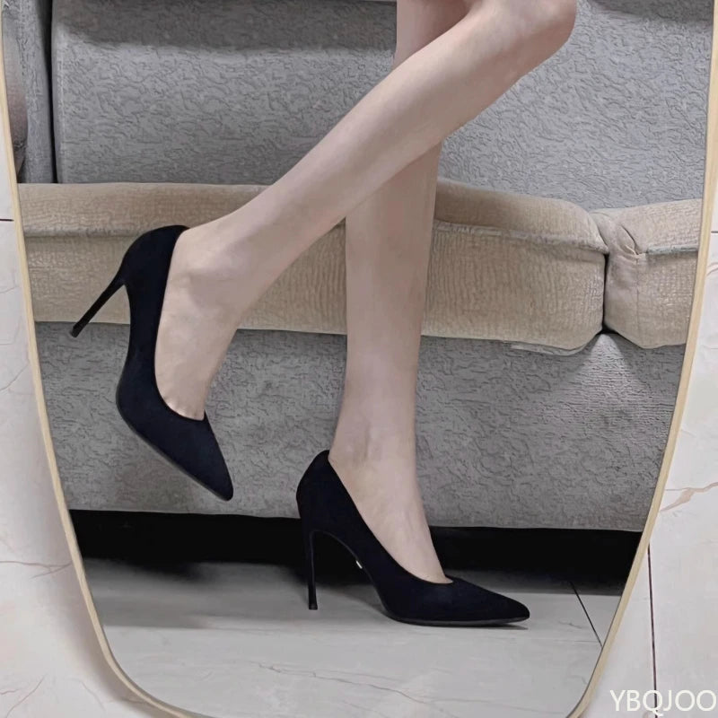 New Fashion women's shoes Sexy black high heels Sharp pointed suede pumps Elegant Shallow Mouth Etiquette Shoes Mujer Zapatos