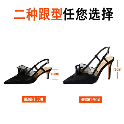 Fashion Women Sandals Mesh Rhinestone Lace Hollow Kitten Pumps Stilettos Summer 313-5Thin High Heel Single Shoes Grace Slippers