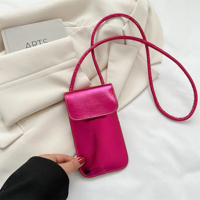 Fashion Versatile Metallic Glossy Shoulder Crossbody for Women Silver Gold PU Mini Bag Portable Lipstick Bag Mobile Phone Bag