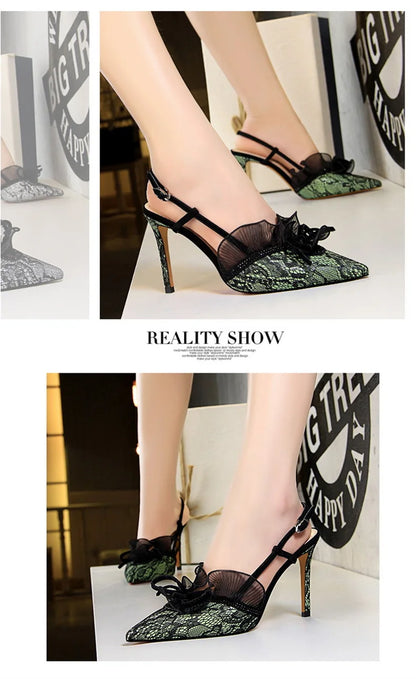 Fashion Women Sandals Mesh Rhinestone Lace Hollow Kitten Pumps Stilettos Summer 313-5Thin High Heel Single Shoes Grace Slippers