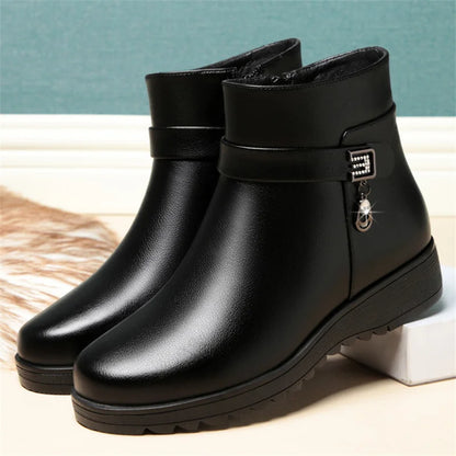 Autumn Winter Mum Warm Cotton Soft Shoes Women  Fleece Side Zip Thick Bottom Short Boots Leisure Round Head Flats Boots