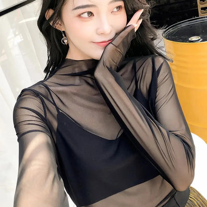 Black Mesh See Through Top For Women Sexy Transparent Top Summer Sun-proof Clothing Thin Long Sleeve Ladies Lace Blouse T-shirt