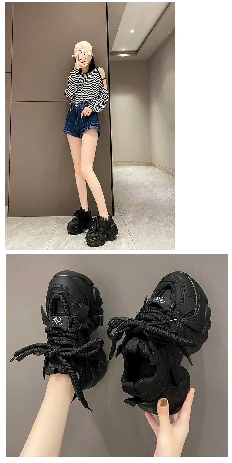 Fashion Chunky Sneakers Women Autumn Lace Up Platform Sports Shoes 7.5CM Thick Bottom High Heels Female Leather Sneakers Woman