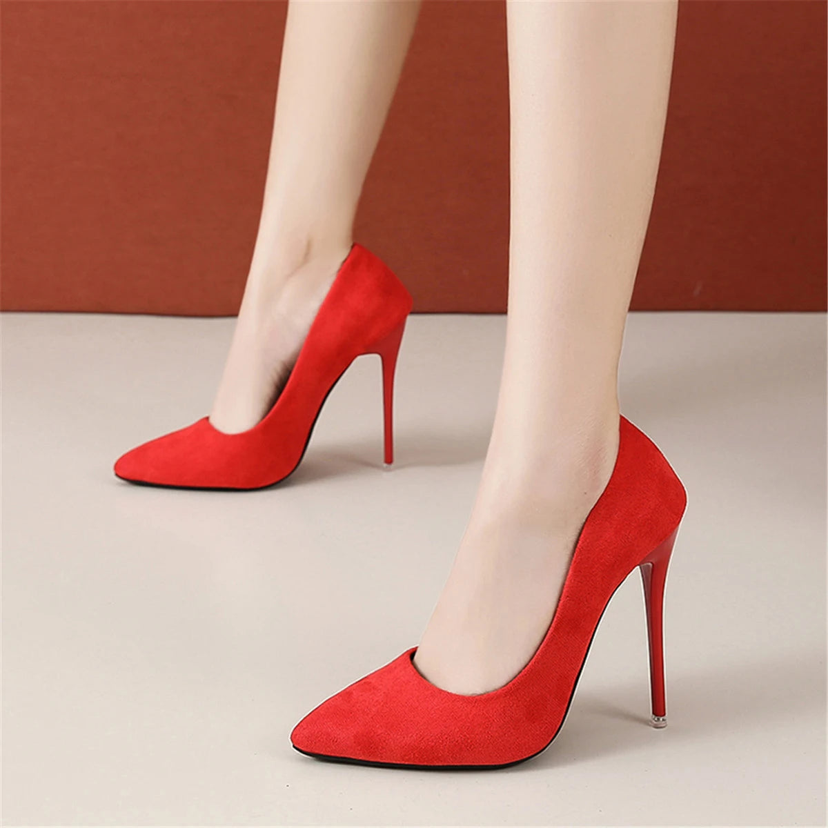 12cm high heel suede high heels female pointy thin heel shallow mouth Korean version pink single shoes large size 45