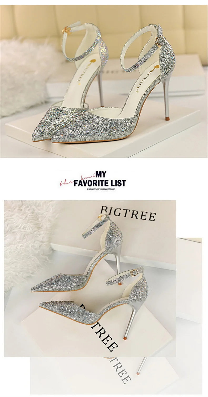 Korean Version Shiny Rhinestones High Heels Shoes Women Pumps Stiletto Sweet Heels Hollow Wedding Sandals 10 Cm Nightclub 283-16