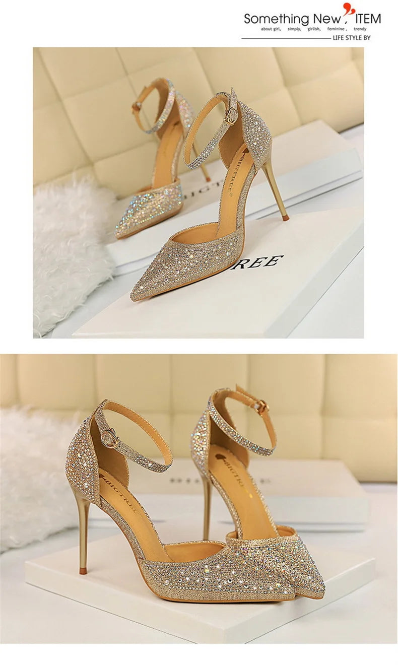 Korean Version Shiny Rhinestones High Heels Shoes Women Pumps Stiletto Sweet Heels Hollow Wedding Sandals 10 Cm Nightclub 283-16