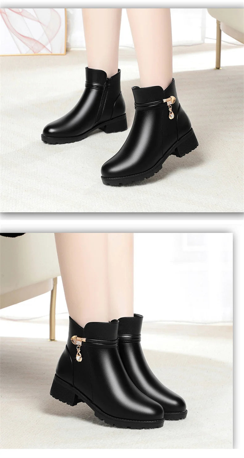 New Winter Women Boots Rhinestone Leather Boots Autumn Winter Warm Cotton Shoes Low Heel Round Head Side Zip Footwear Anti-slip