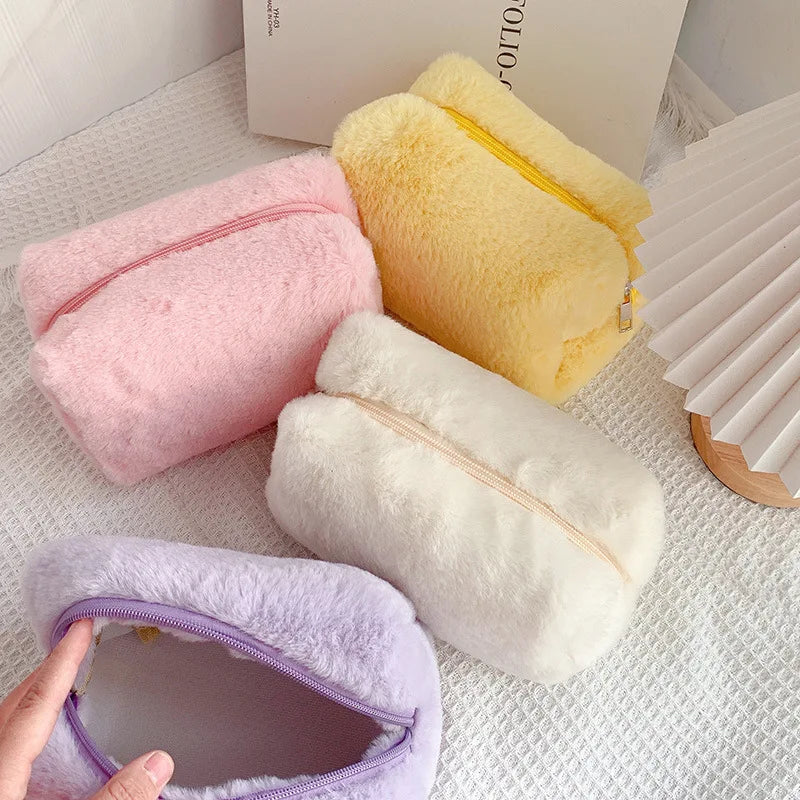 Solid Fur Cosmetic Storage Bag Large Women Zipper Makeup Organizer Handbag Stationery Pencil Case Travel Make Up Toiletry Punch