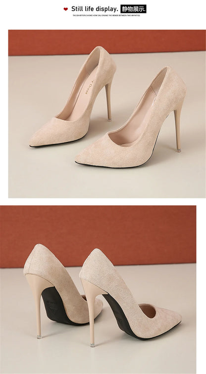 12cm high heel suede high heels female pointy thin heel shallow mouth Korean version pink single shoes large size 45