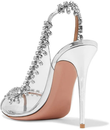 New Summer Women's High-heeled Sandals Fish Mouth Transparent with Rhinestone Chain Stiletto Heels Empty Back Shoes