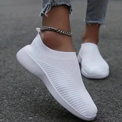 Women's Solid Color Mesh Sneakers Flying Woven Walking Fashion Slip-on Flat Shoes Sports Running Tennis