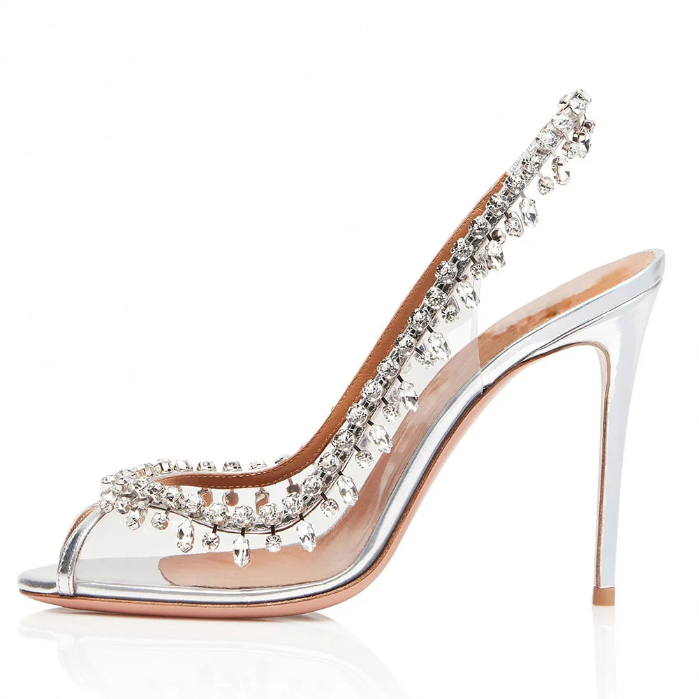 New Summer Women's High-heeled Sandals Fish Mouth Transparent with Rhinestone Chain Stiletto Heels Empty Back Shoes