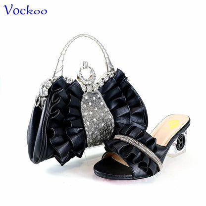 2024 Square Heels New Design Peep Toe Italian Wedding Shoes and Bag Set in Red Color Fashion African Slipper For Party