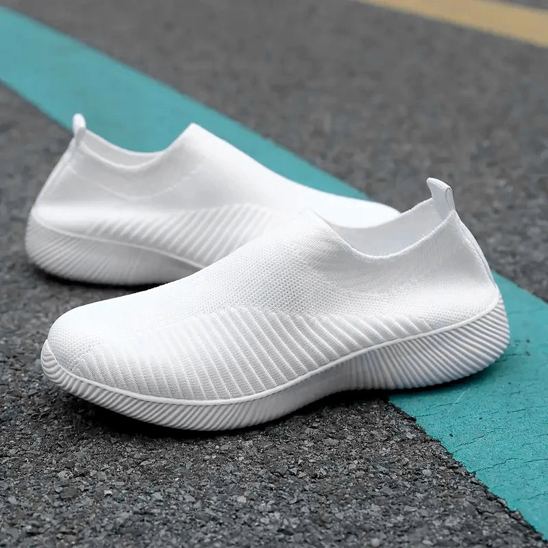 Women's Solid Color Mesh Sneakers Flying Woven Walking Fashion Slip-on Flat Shoes Sports Running Tennis