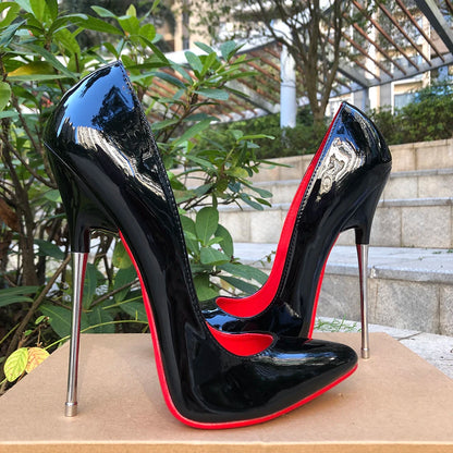 16cm Extreme Metal High Heels Stilettos Sexy Women Solid Black With Red inside Pumps Fetish Model Party Unisex Shoes Size 35-46