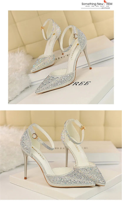 Korean Version Shiny Rhinestones High Heels Shoes Women Pumps Stiletto Sweet Heels Hollow Wedding Sandals 10 Cm Nightclub 283-16