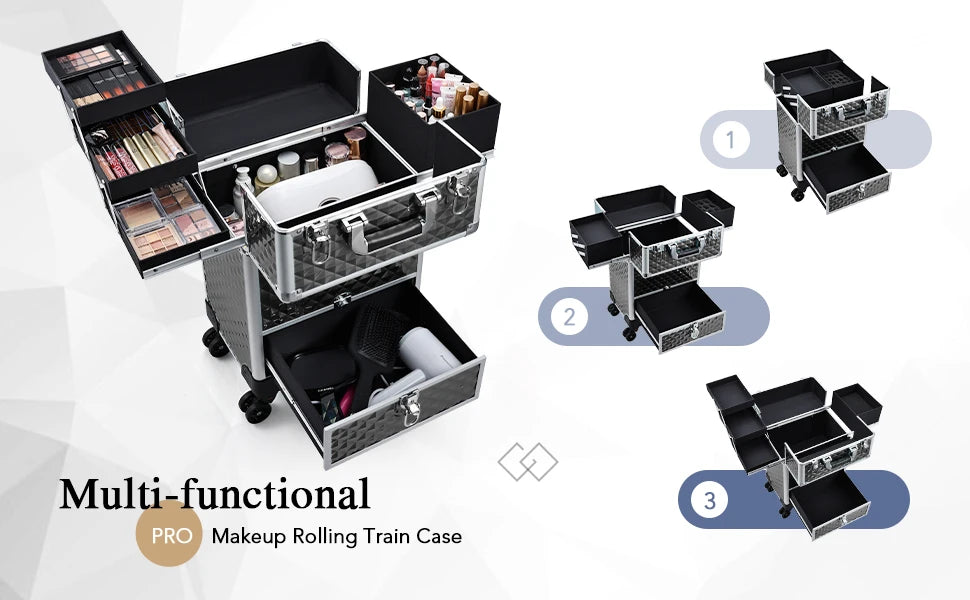 Professional Makeup Suitcase with Wheels Large Storage Cosmetic Trolley with Slide Drawer Lock Rolling Make-up Case Nail Tech