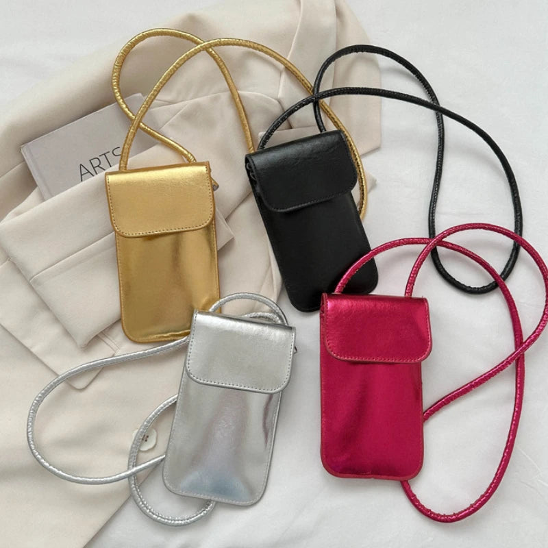 Fashion Versatile Metallic Glossy Shoulder Crossbody for Women Silver Gold PU Mini Bag Portable Lipstick Bag Mobile Phone Bag