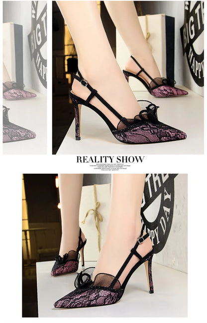 Fashion Women Sandals Mesh Rhinestone Lace Hollow Kitten Pumps Stilettos Summer 313-5Thin High Heel Single Shoes Grace Slippers