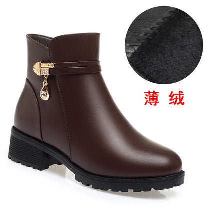 New Winter Women Boots Rhinestone Leather Boots Autumn Winter Warm Cotton Shoes Low Heel Round Head Side Zip Footwear Anti-slip