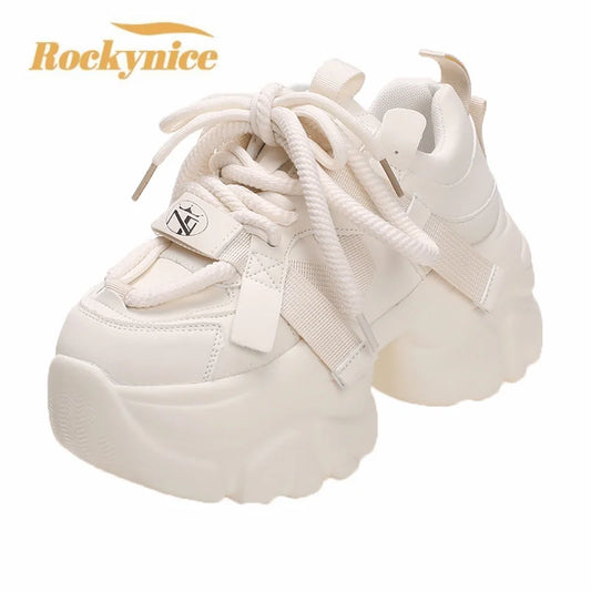 Fashion Chunky Sneakers Women Autumn Lace Up Platform Sports Shoes 7.5CM Thick Bottom High Heels Female Leather Sneakers Woman