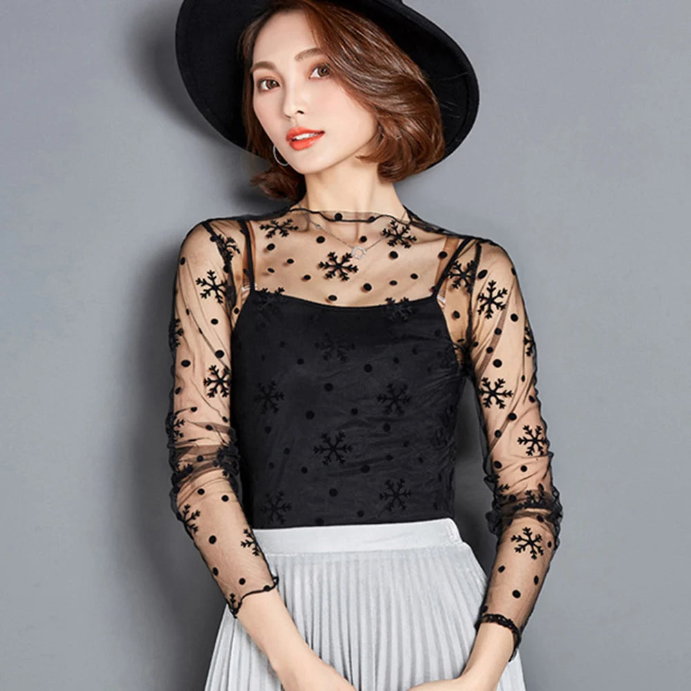 Black Mesh See Through Top For Women Sexy Transparent Top Summer Sun-proof Clothing Thin Long Sleeve Ladies Lace Blouse T-shirt