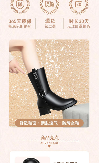 Mid-tube Women's Winter Warm Ankle Boots Soft Leather Thick-heeled New Mother Round Toe Fashion Elegant Cotton Boots