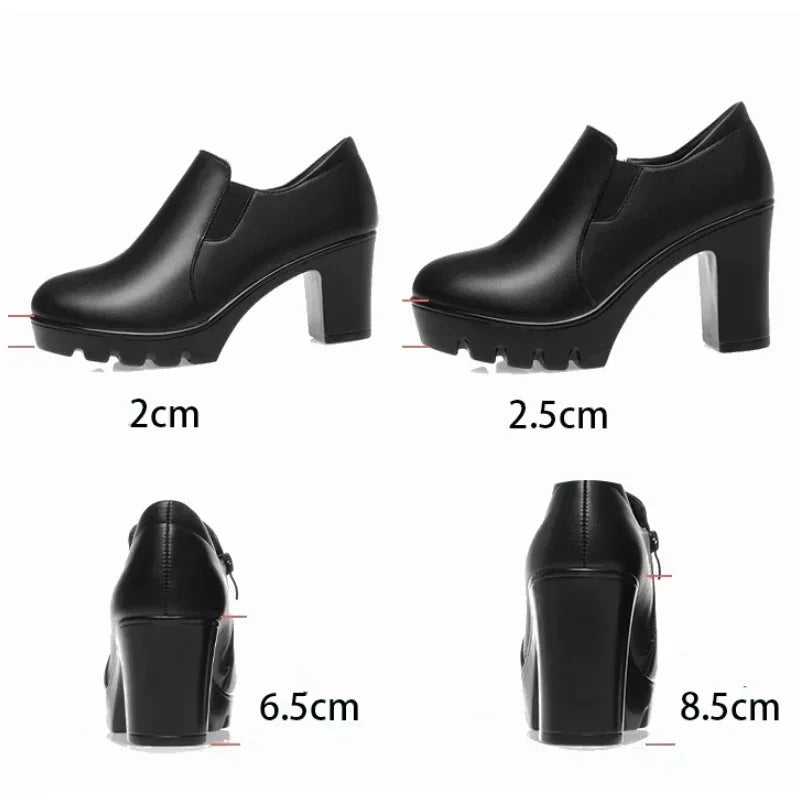 6.5cm 8.5cm Elegant Black Block High Heels Shoes Deep Mouth Spring 2024 Thick Platform Pumps Soft Leather for Office Model Work