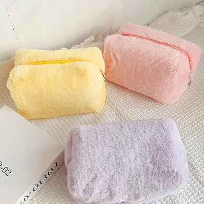 Solid Fur Cosmetic Storage Bag Large Women Zipper Makeup Organizer Handbag Stationery Pencil Case Travel Make Up Toiletry Punch